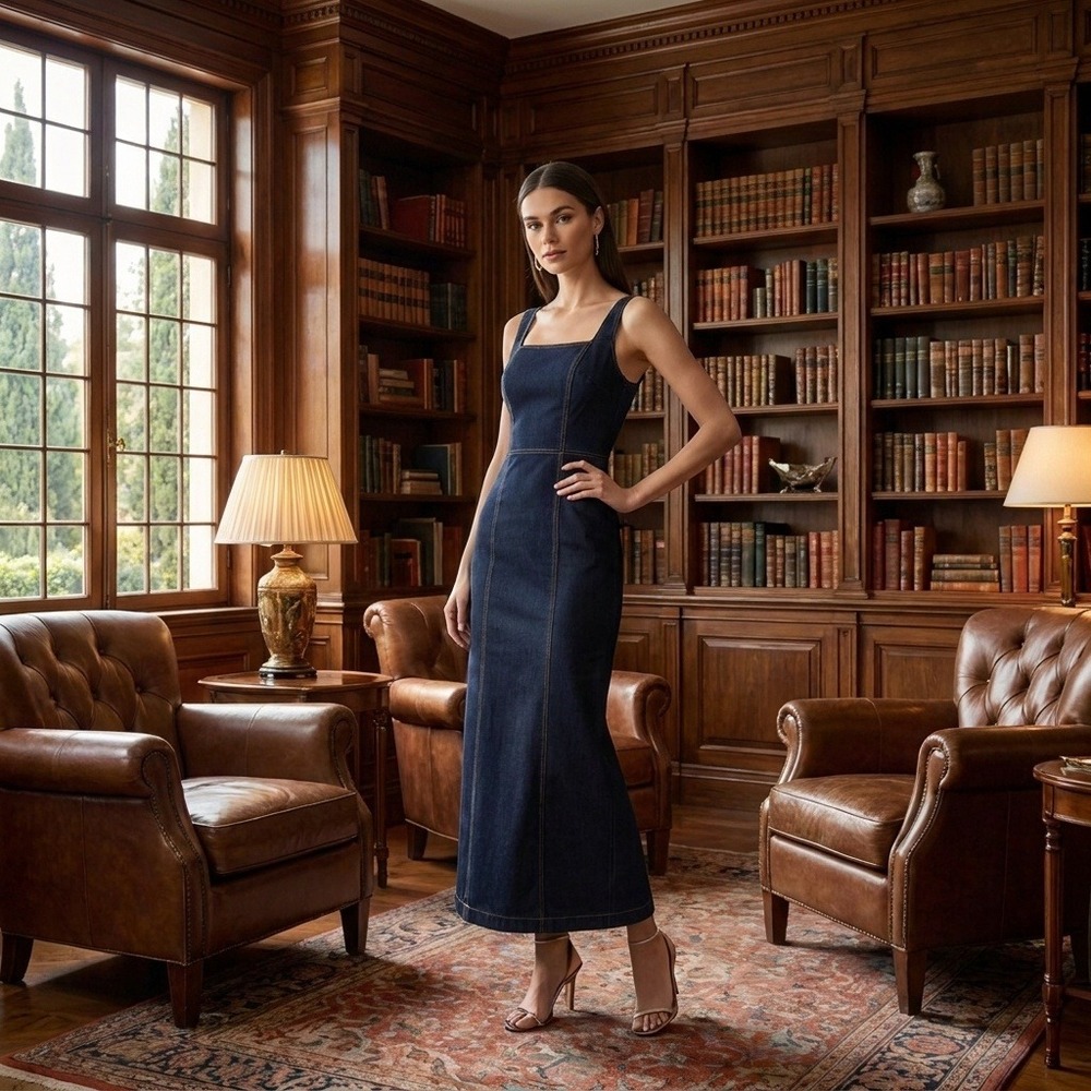 Habitual Dark Wash Denim Square Neck Maxi Dress Blue Medium Sleeveless Column